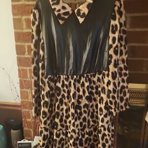 SHEIN Black and Leopard Print Midi Dress